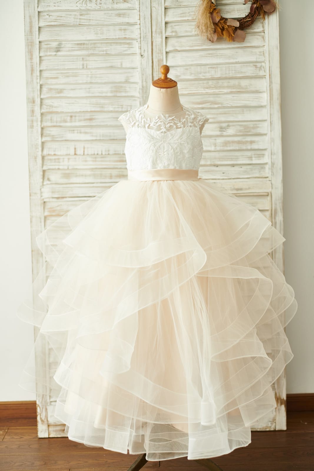 Ivory Lace Champagne Tulle Floor Length Wedding Flower Girl